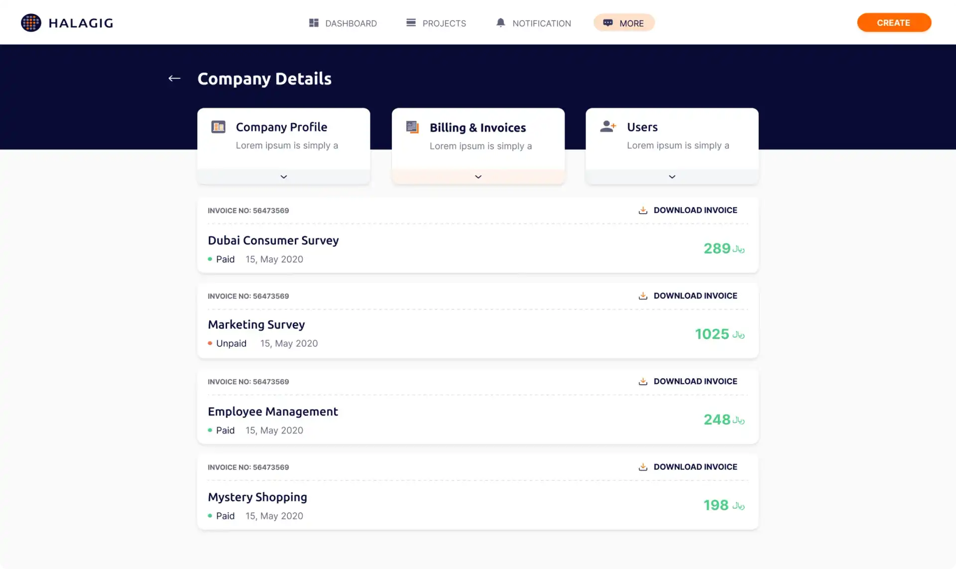 Billing & Invoices details and status