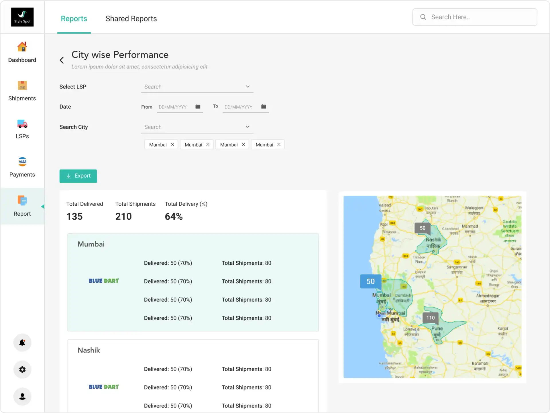 UI to check city wise shipment performance