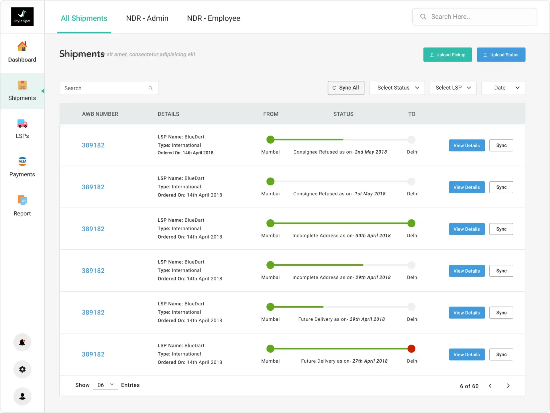 UI to check shipment details and its status