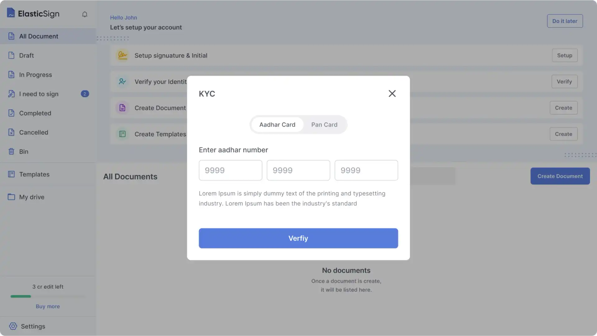 Verify identity through PAN or Aadhar Card