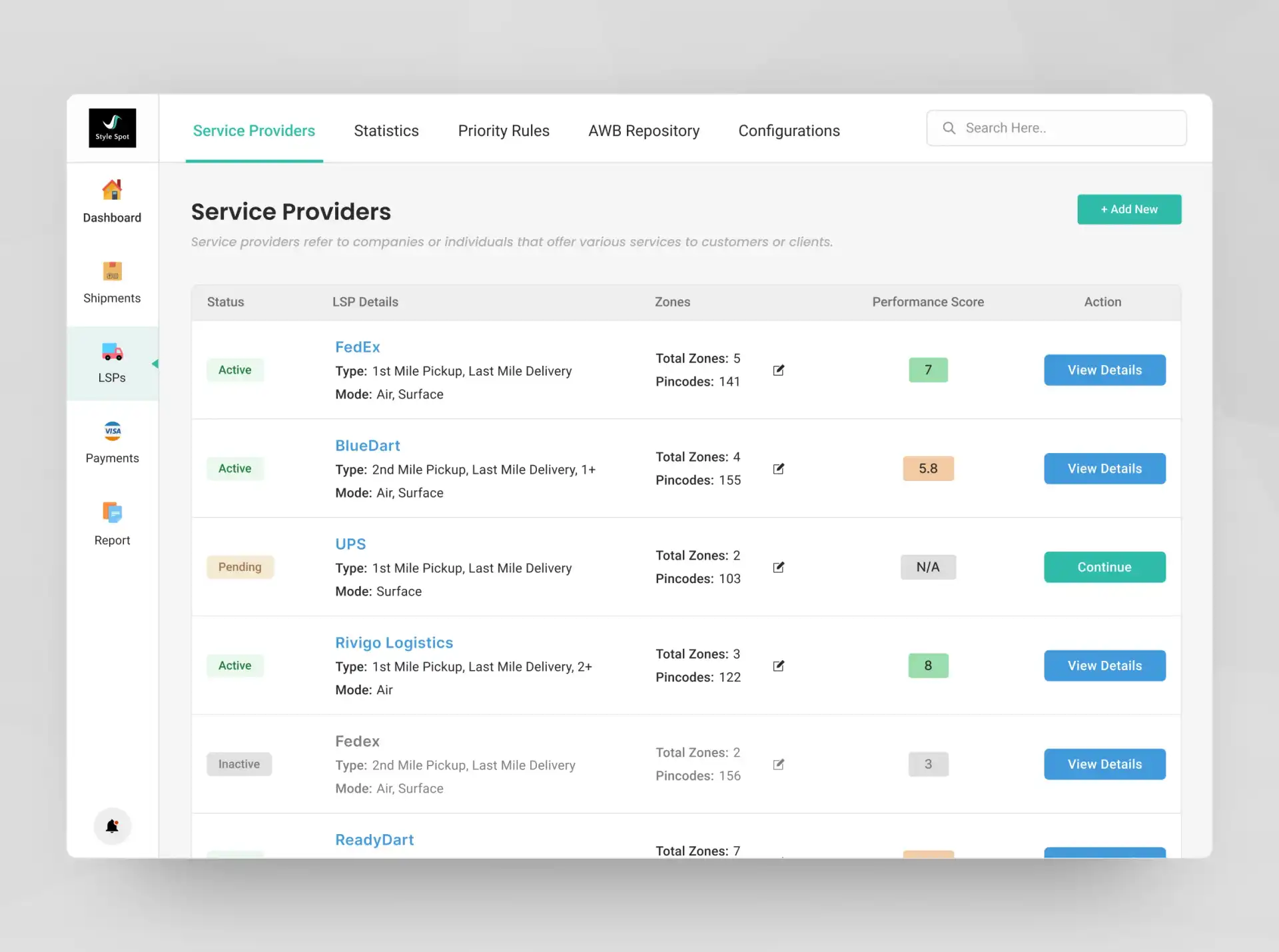 UI Screen of Service Provider Details, thier status, performance, etc.