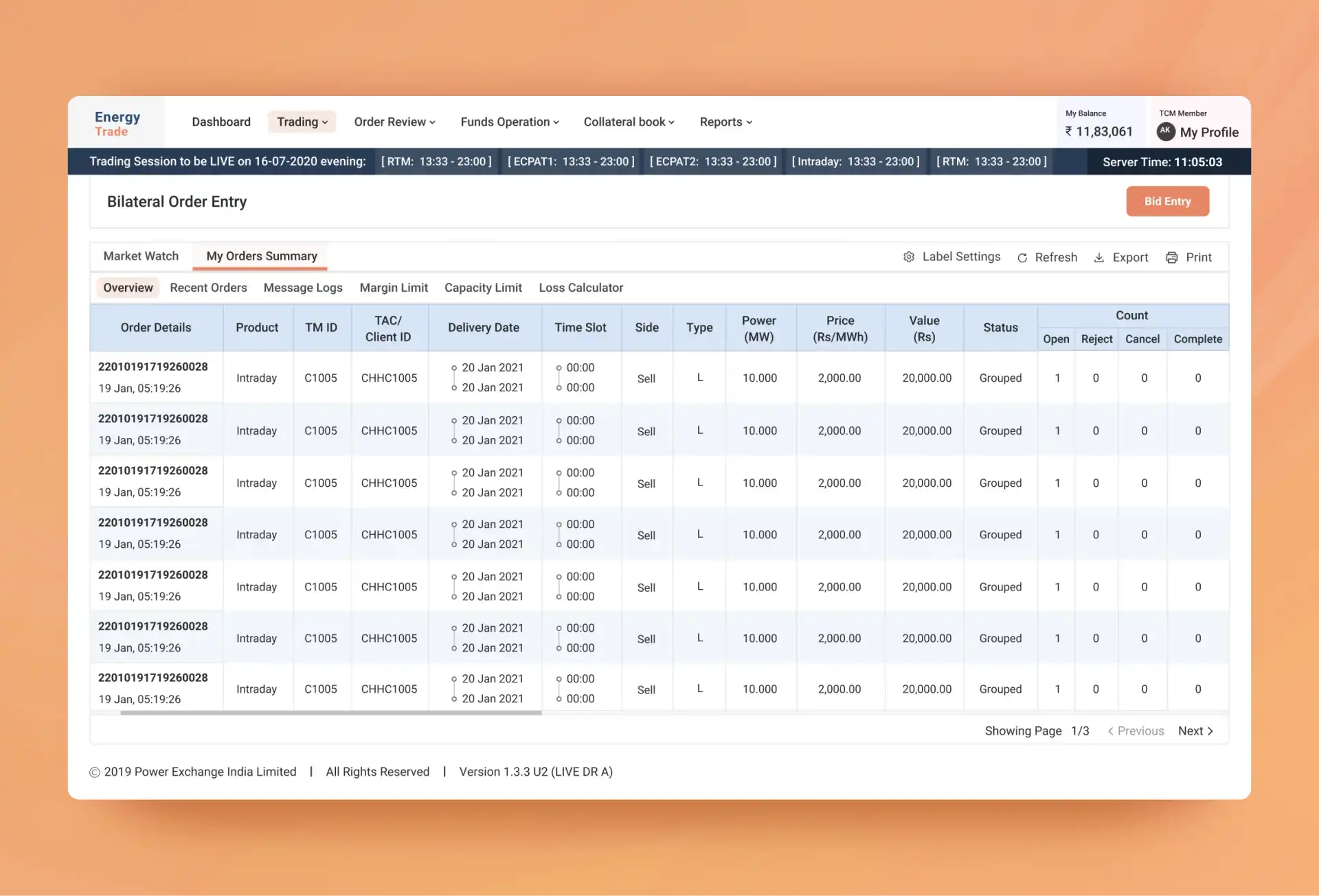 Order Summary UI screen for Energy Trading