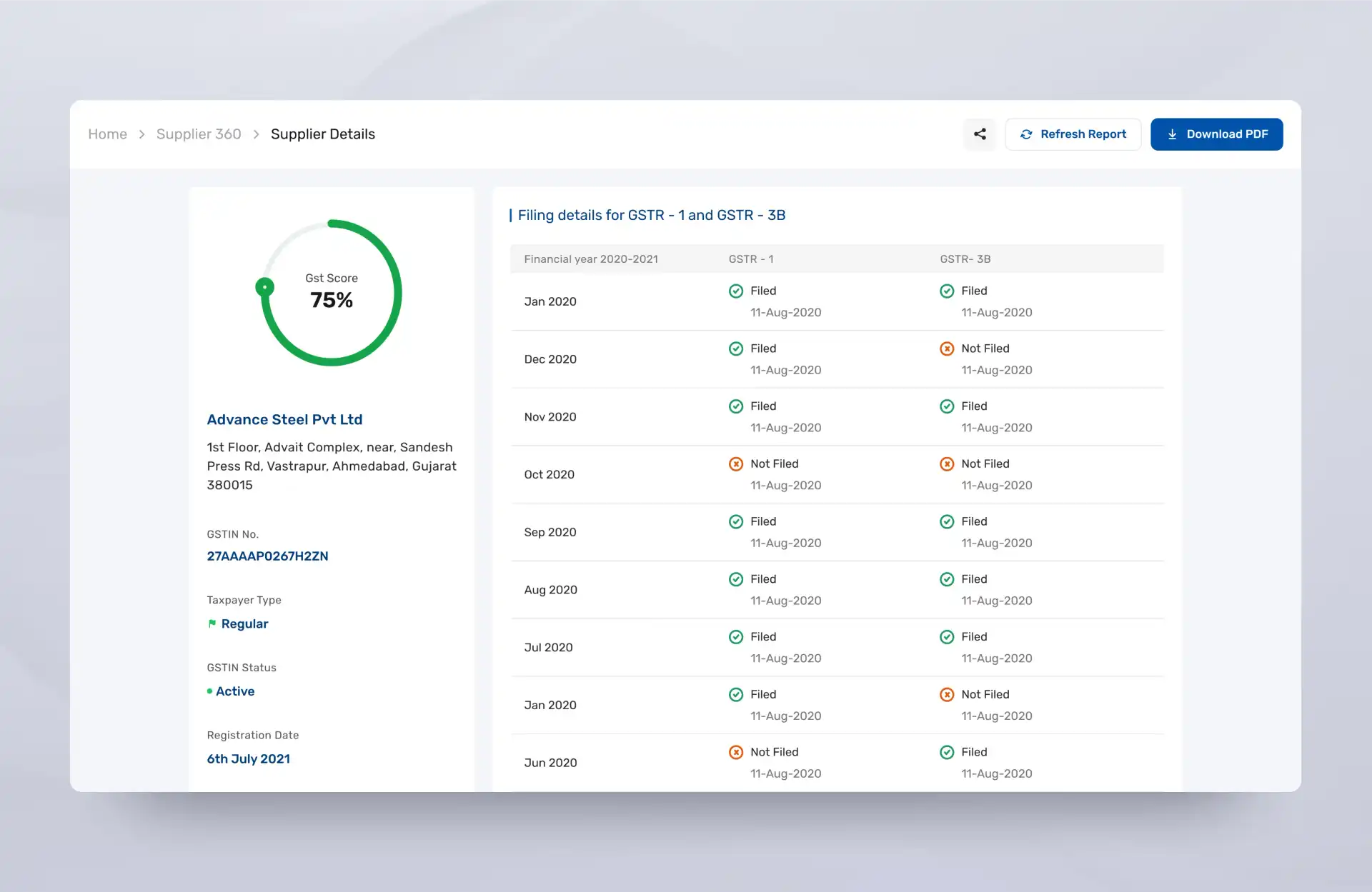 UI screen to show supplier details and GST compliance score