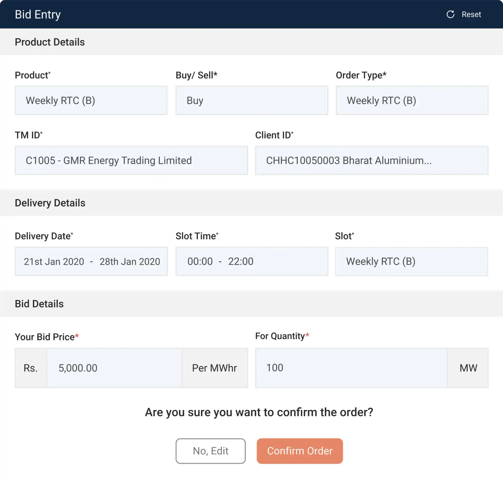 Check bid entry to confirm order