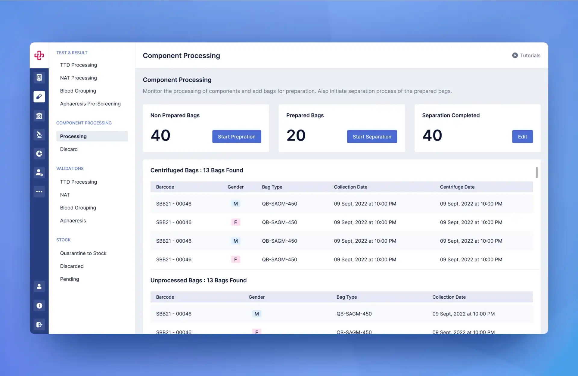 UI screen of component processing and test details