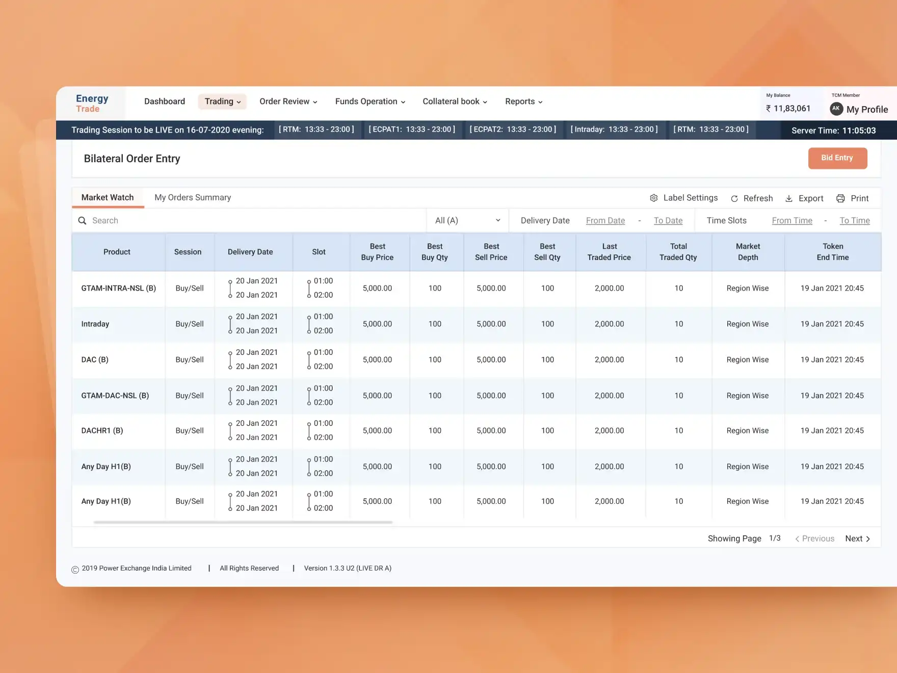 Screen to watch market status for trading energy